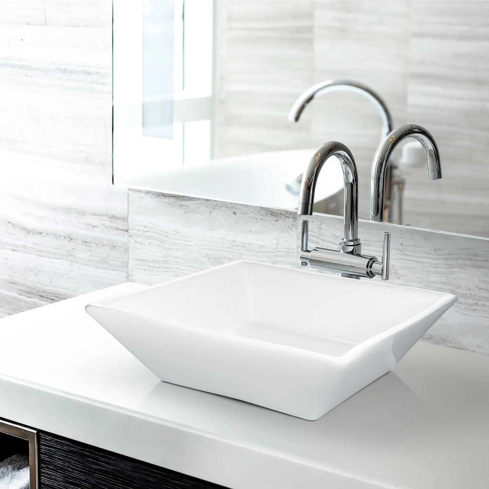 16" x 16" Beveled Square White Ceramic Sink Bathroom Vanity- Miligore