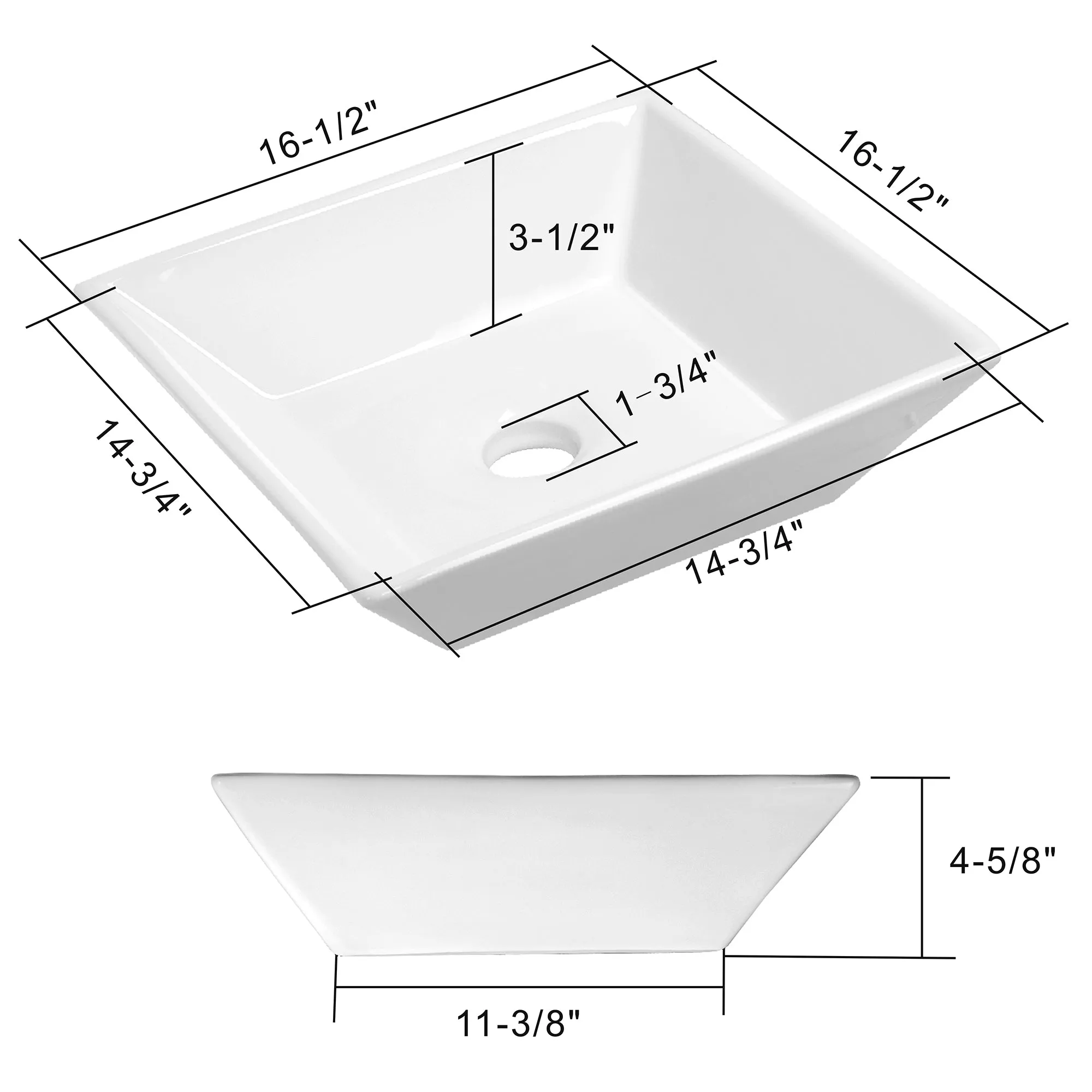 16" x 16" Beveled Square White Ceramic Sink Bathroom Vanity- Miligore