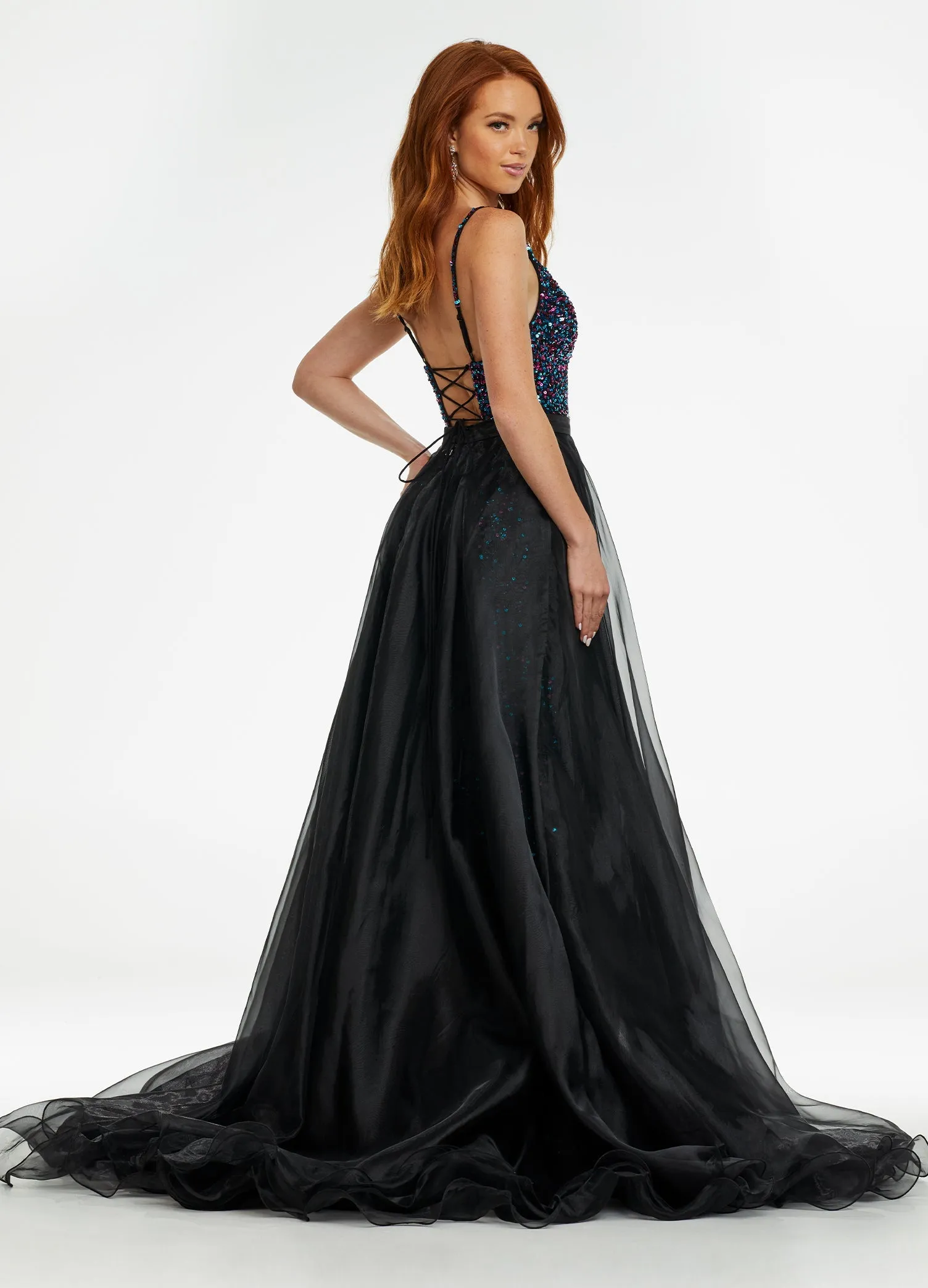 Ashley Lauren 1740 Size 2 BLACK Long Organza Overskirt Wire Hem Pageant Prom Layers
