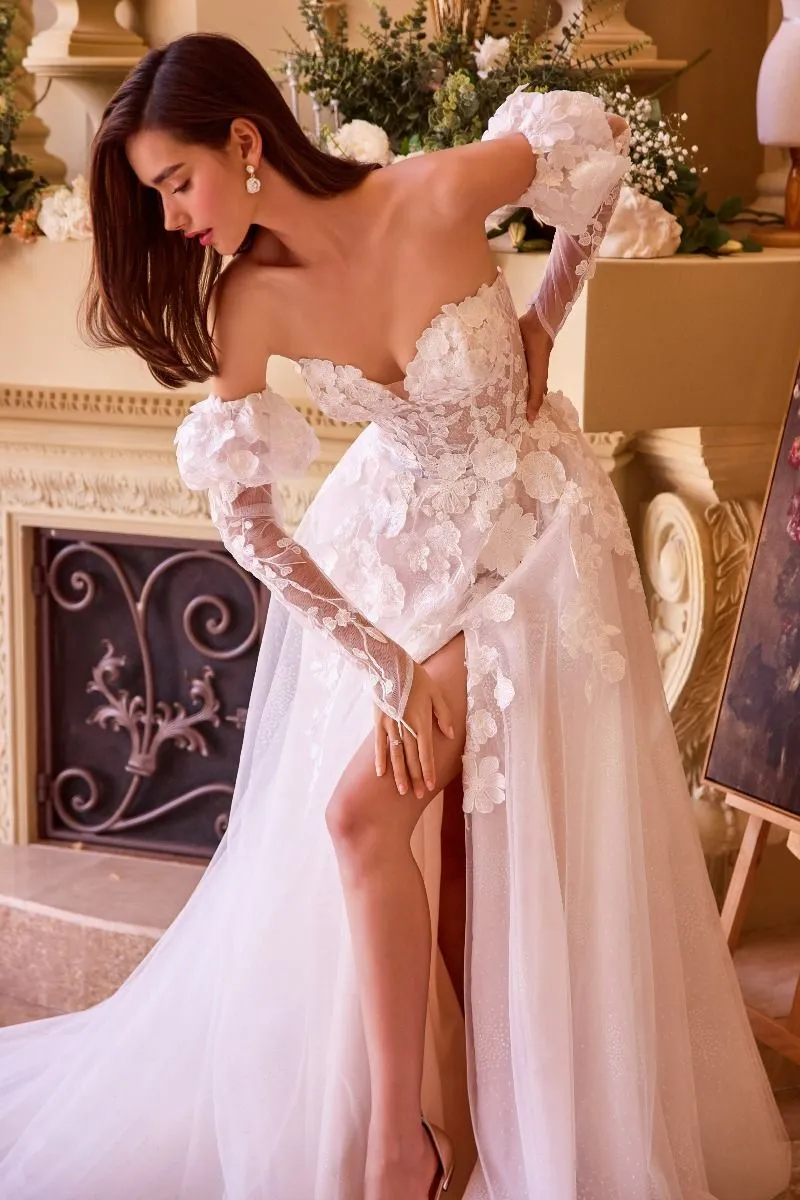 Floral Applique Adorned Strapless Wedding Gown