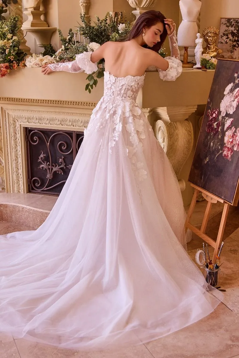 Floral Applique Adorned Strapless Wedding Gown