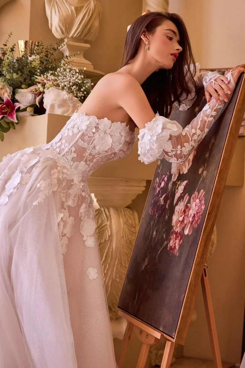 Floral Applique Adorned Strapless Wedding Gown