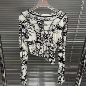 Hit Color Printing T Shirts For Women Round Neck Long Sleeve Irregular Vintage Casual T Shirt Female Fashion