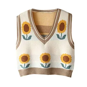 Hyipels Women's Sweater Vest Y2K Teenage Girl Sunflower Knitted Streetwear Preppy Style V Neck Knitwear Crop Tank Top