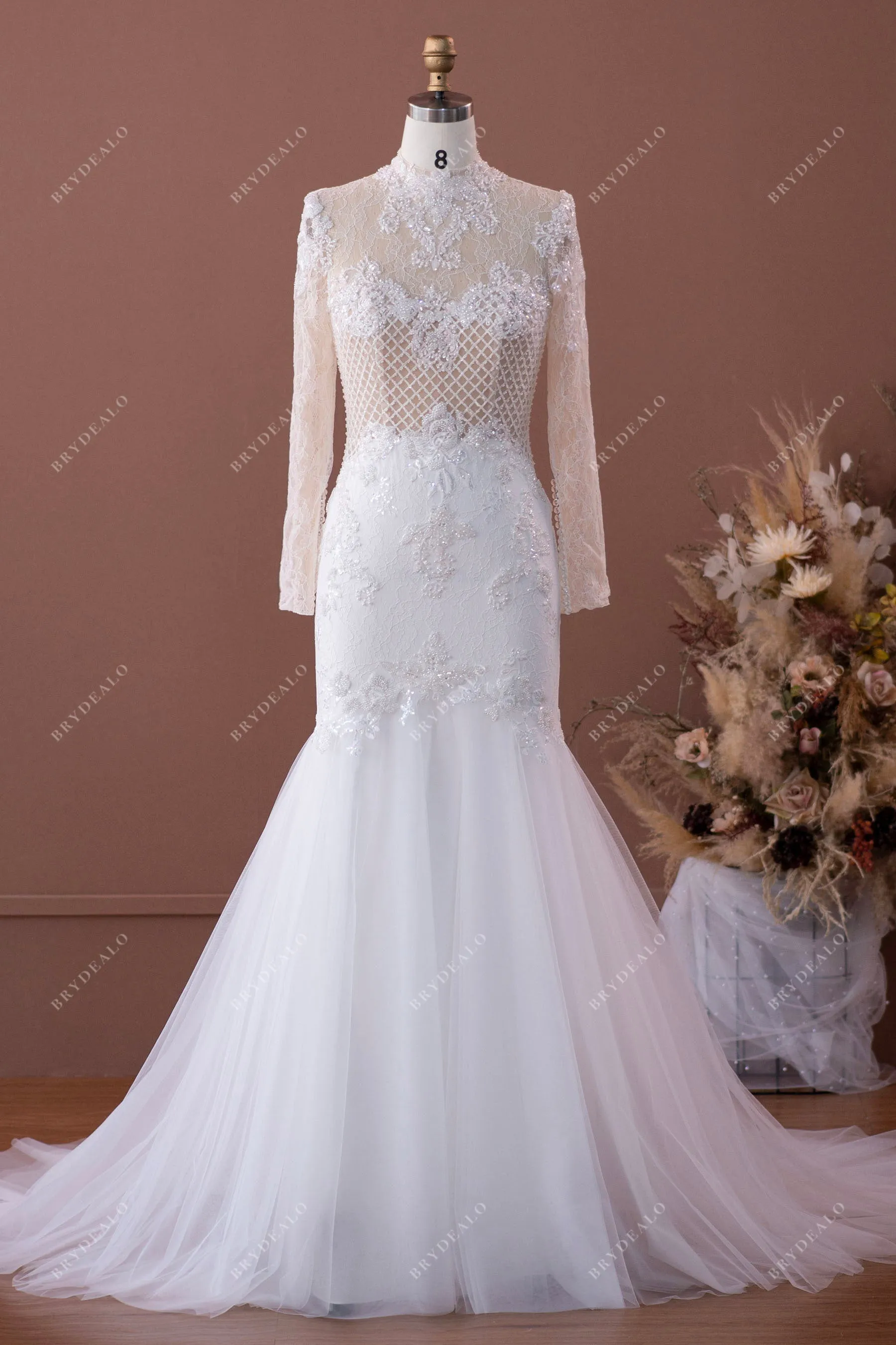 Luxury Illusion High Neck Designer Beaded Lace Wedding Dress