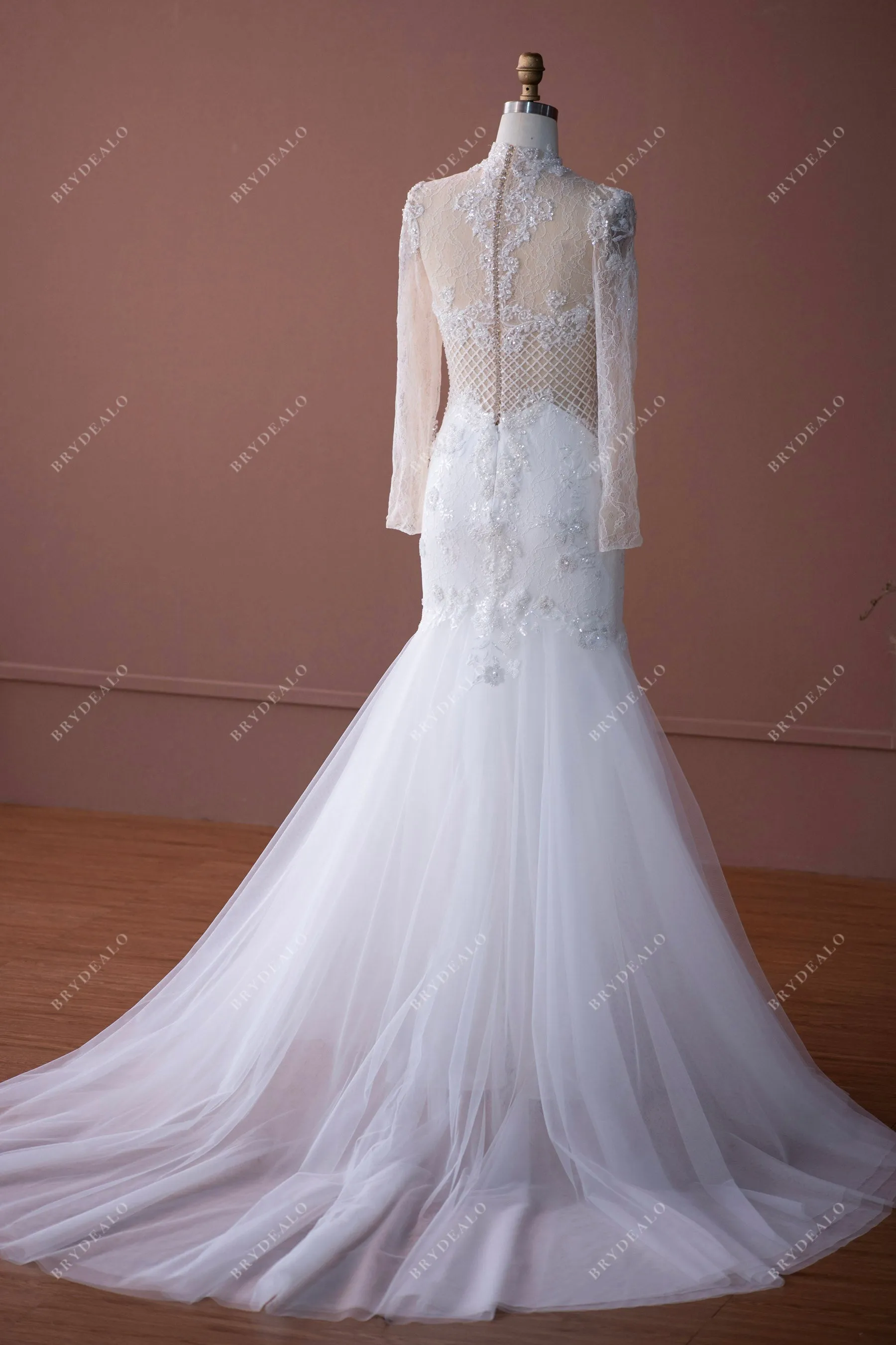 Luxury Illusion High Neck Designer Beaded Lace Wedding Dress