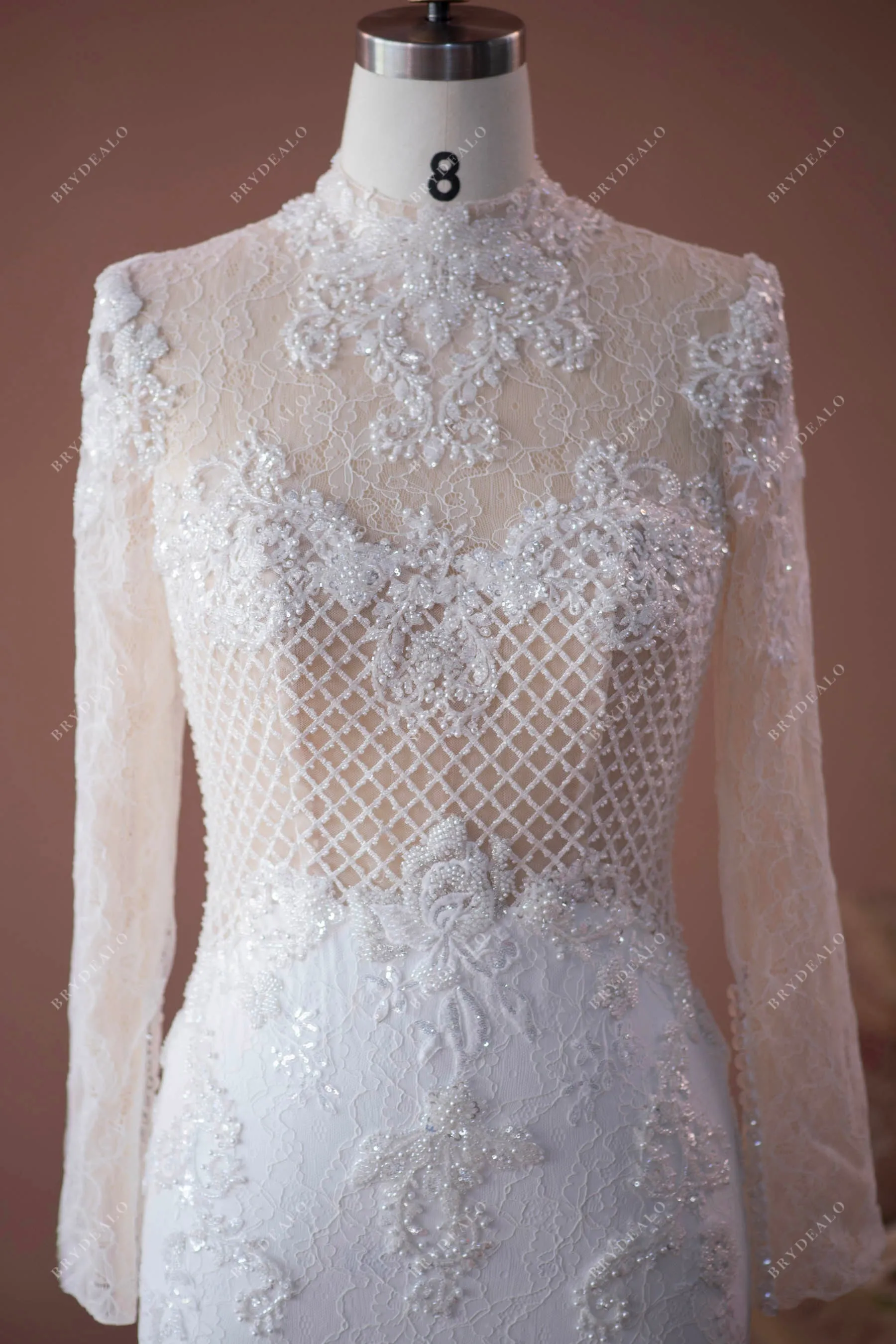 Luxury Illusion High Neck Designer Beaded Lace Wedding Dress