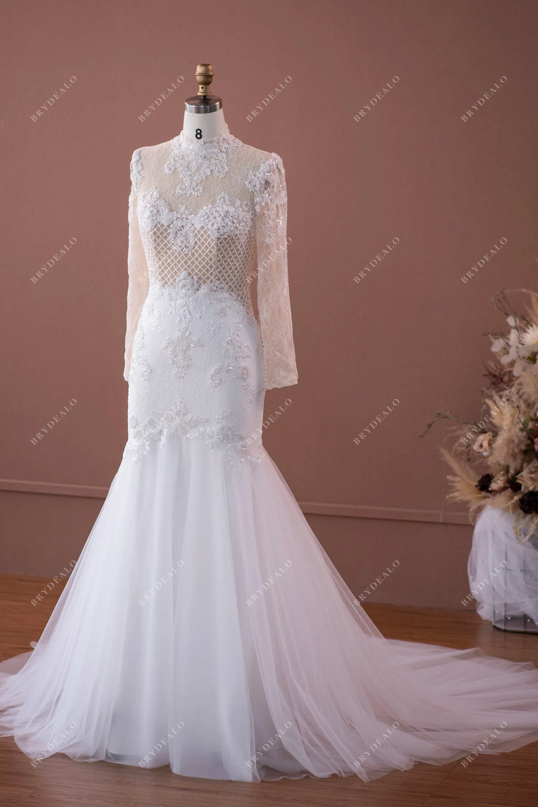 Luxury Illusion High Neck Designer Beaded Lace Wedding Dress