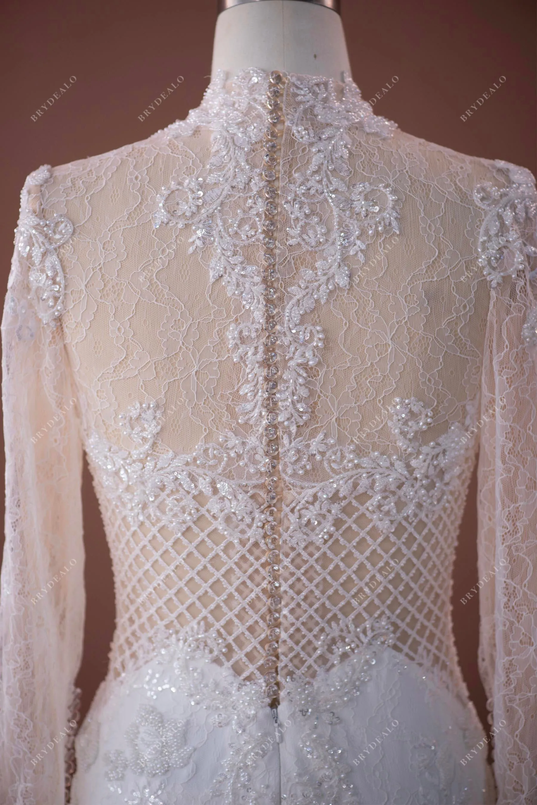 Luxury Illusion High Neck Designer Beaded Lace Wedding Dress