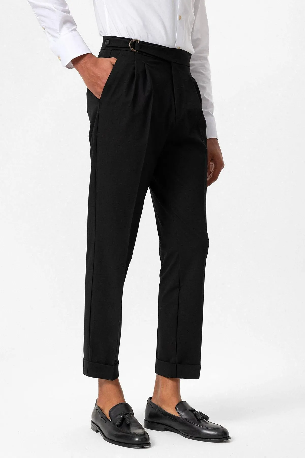 Men's Black High-Waisted Belted Pleated  Pants - Wessi