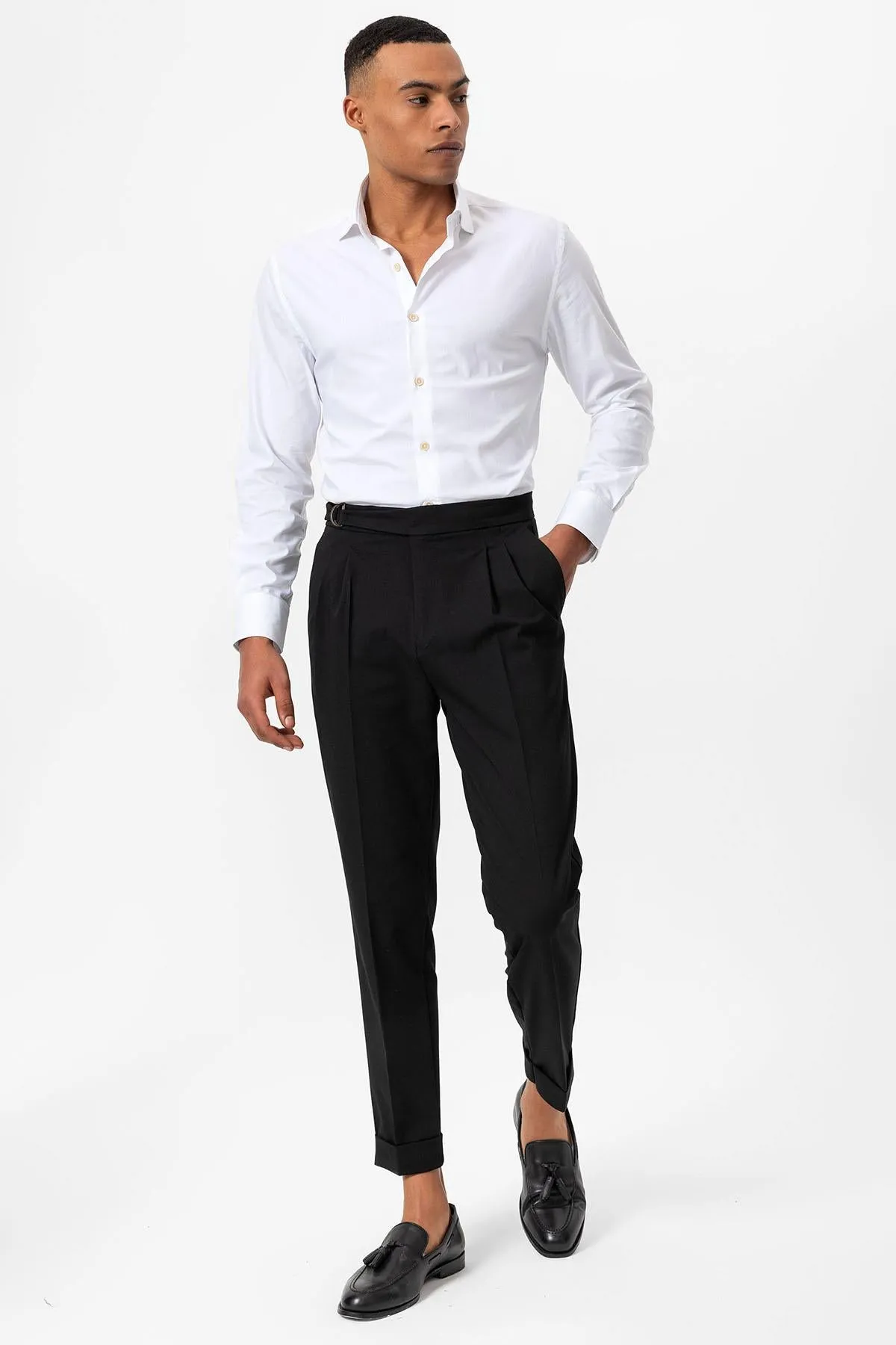 Men's Black High-Waisted Belted Pleated  Pants - Wessi