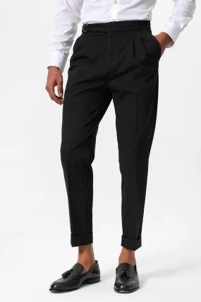 Men's Black High-Waisted Belted Pleated  Pants - Wessi