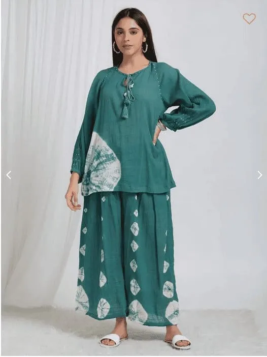 Shibori Crush Cotton Co-Ord Set - Green