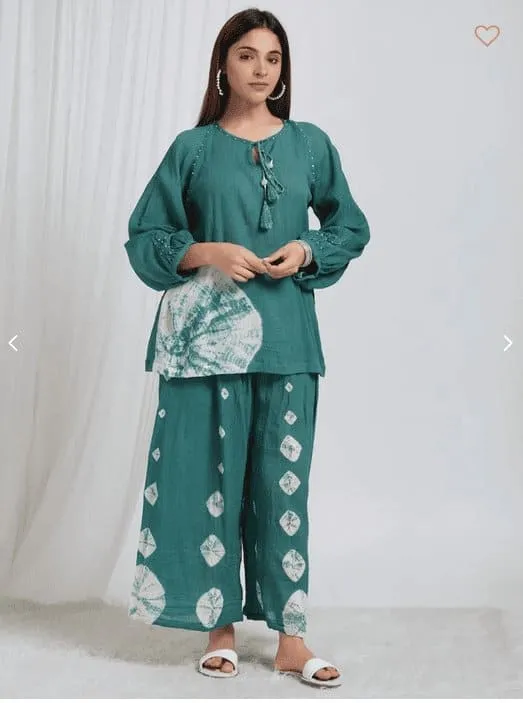Shibori Crush Cotton Co-Ord Set - Green