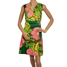 Vintage 1960s Bold Floral Print Cotton Dress By Calypso Jamaica Size 14 Colorful